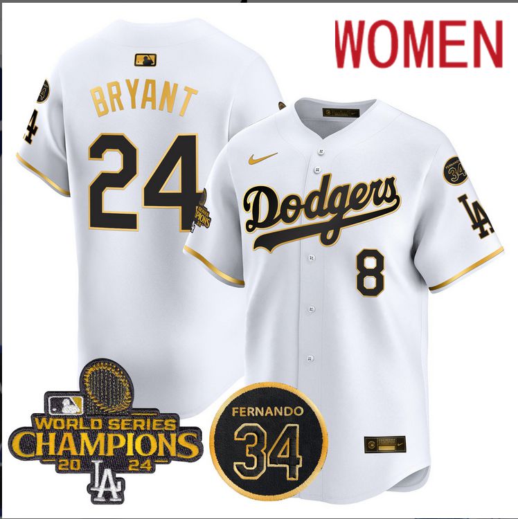 Women MLB Los Angeles Dodgers 24 Bryant white 2024 World Series Champions Patch Limited Jersey style 3